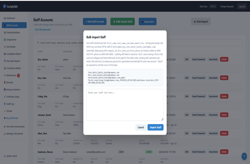 ScriptLMS Bulk Import Staff window for adding a whole staff list at once